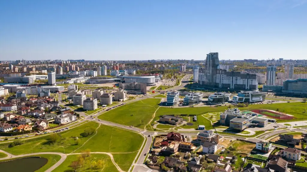 View from the height of the Drozdy district and the Minsk sports complex Minsk Arena in Minsk