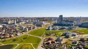 View from the height of the Drozdy district and the Minsk sports complex Minsk Arena in Minsk